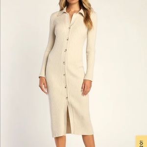 Lulus | Everyday Admiration Cream Ribbed Button-Front Midi Sweater Dress